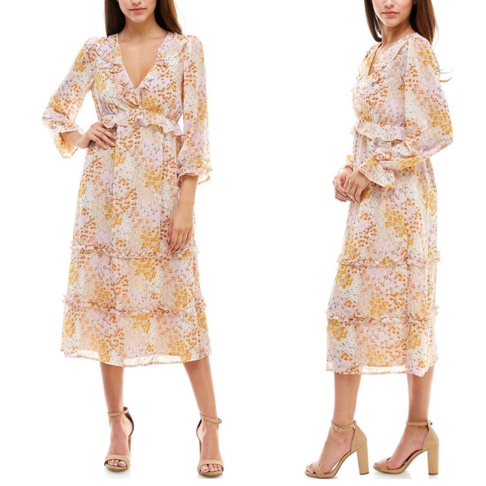 Floral print tiered ruffle midi dress 3/4 slv - Picture 2 of 8